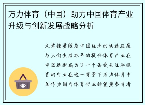 万力体育（中国）助力中国体育产业升级与创新发展战略分析